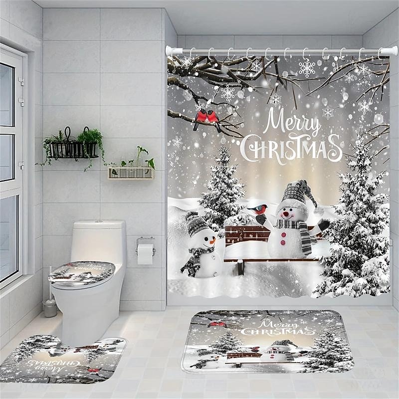 Christmas Snowman Shower Curtain, Waterproof Curtain Set With 12 Hooks, Xmas Bathroom Accessories, Christmas Decor2