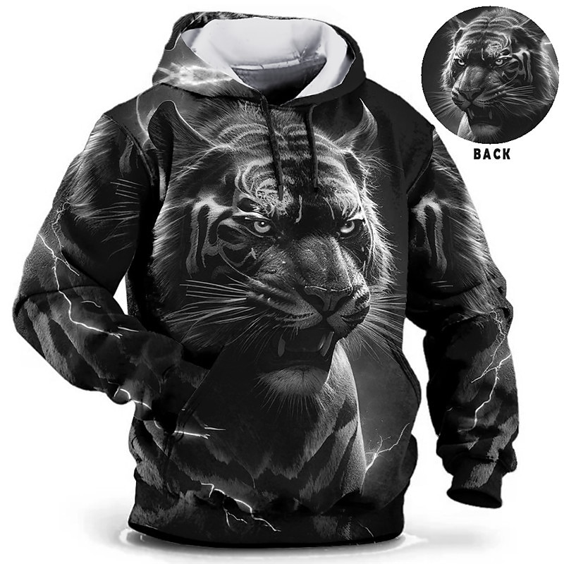 Men's Animal Tiger Graphic Prints Hoodie Hoodies Sweatshirt Daily Classic Long Sleeve Hooded Holiday Going out Streetwear Blue Brown Print Spring &  Fall Designer4