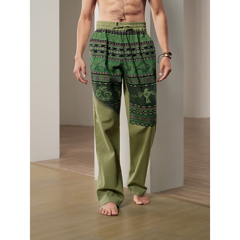 Men's Color Block Cow Graphic Prints Linen Pants Trousers Baggy Pants Mid Waist Streetwear Hawaiian Designer Casual Daily Holiday Drawstring Elastic Waist 3D Print Autumn / Fall Spring & Summer 3D4