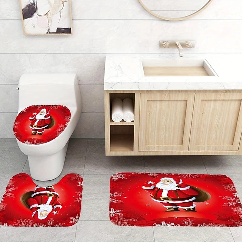 Bathroom Red Santa Claus Shower Curtain, Christmas Holiday Winter Bathroom Decor Toilet Lid Mat, Non-Slip Bathroom Rug, Toilet U-Shape Mat, Toilet Lid Cover Pad, With 12 Hooks, Christmas Decorations2