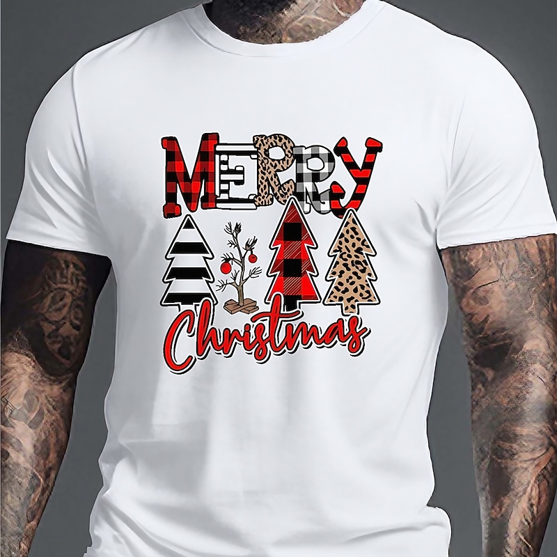 Men's Tree Merry Christmas T Shirt Tee Top Cotton Short Sleeve Graphic Shirt White Dark Blue Beige Comfortable Tee Sports Outdoor Holiday Fashion Designer Clothing
