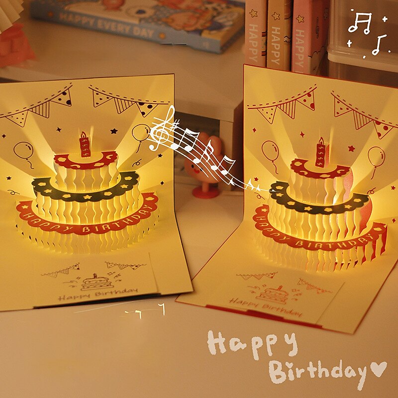 Music Lighting Ins Birthday Gift Creativity Cute Little Bear Greeting Card Three-Dimensional Greeting Card 3d Cake Blessing Card Letter