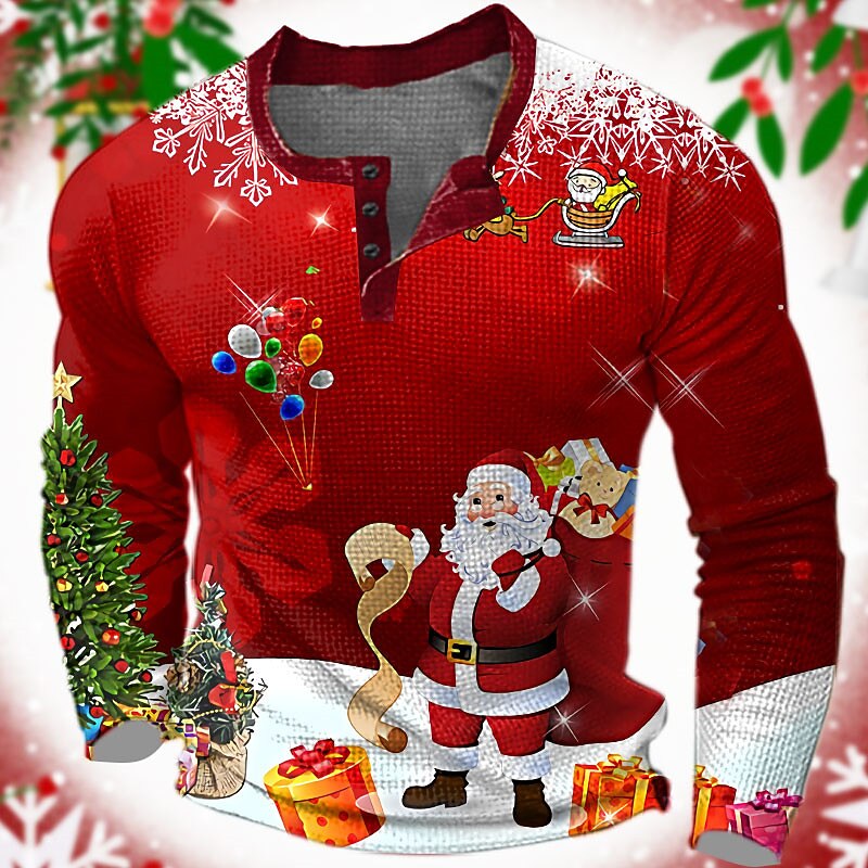 Christmas Men's Santa Claus Henley T Shirt Graphic Santa Claus Fashion Designer Casual 3D Print Henley Waffle Sports Outdoor Holiday Festival White Red Long Sleeve Henley Spring &  Fall Clothing2