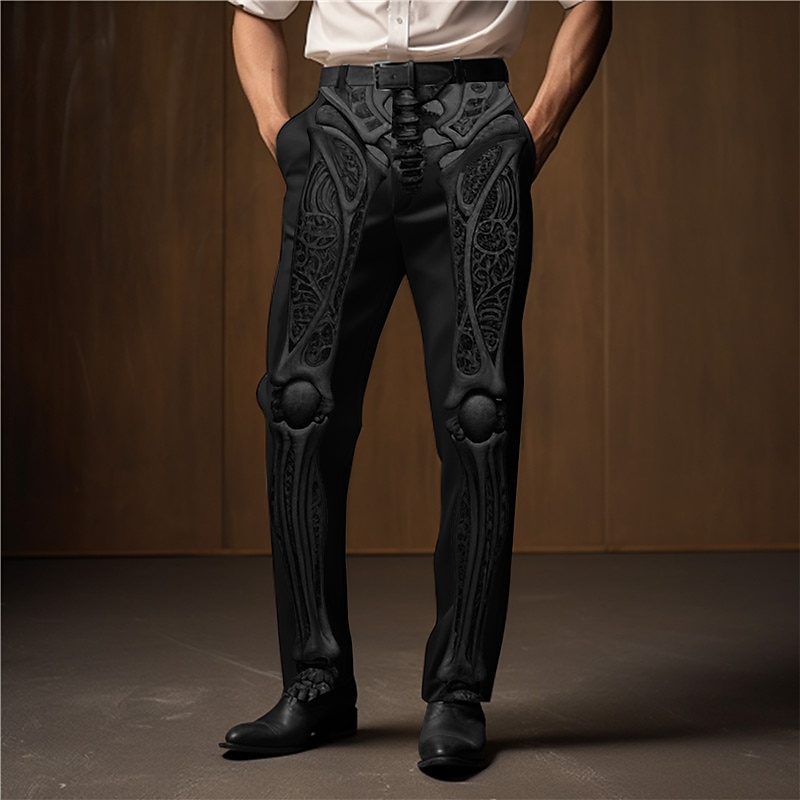 Embossed Skeleton Relief Pattern Punk Abstract Men's 3D Print Pants Trousers Outdoor Street Wear to work Polyester Black White Khaki S M L High Elasticity Pants3