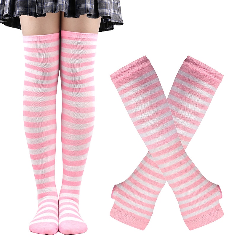 2PCS Over Knee Striped Socks and Long Arm Warm Gloves Set Christmas Socks Women's Y2K Retro Xmas Accessories2