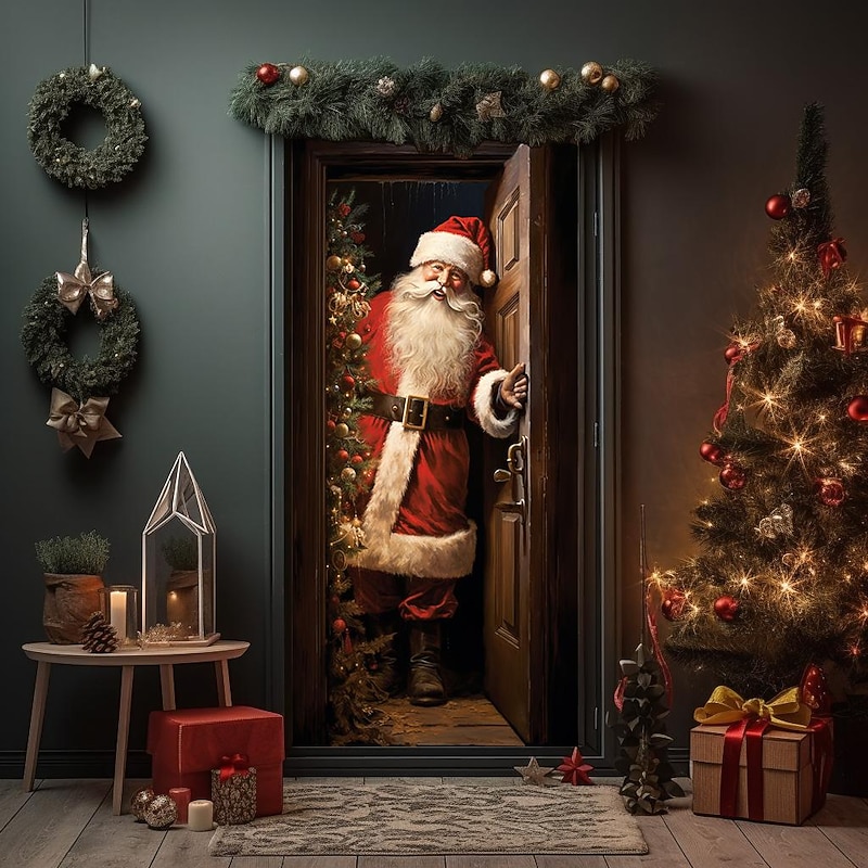 Christmas Door Decorations Santa Opening Door Covers Door Tapestry Door Curtain Decoration Xmas Backdrop Door Banner for Front Door Holiday Party Decor Supplies4