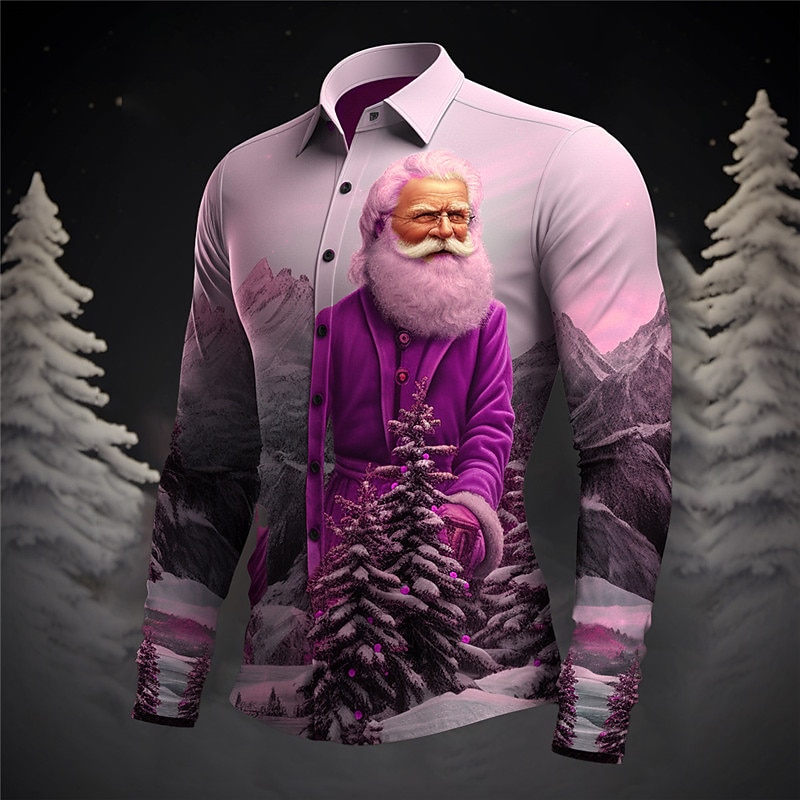 Men's Santa Claus Tree Shirt Button Up Shirt Long Sleeve Casual Christmas Daily Wear Going out Fall & Winter Turndown Print Button-Down Gray+Purple Dark Red Yellow Red Royal Blue3