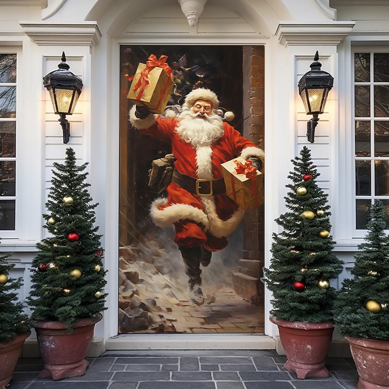 Christmas Door Decorations Santa Gift Door Covers Door Tapestry Door Curtain Decoration Xmas Backdrop Door Banner for Front Door Holiday Party Decor Supplies2