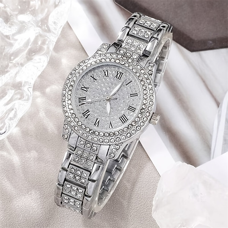 Luxury Rhinestone Quartz Watch Hiphop Fashion Analog Wrist Watch & 6pcs Jewelry Set Gift For Women Her3