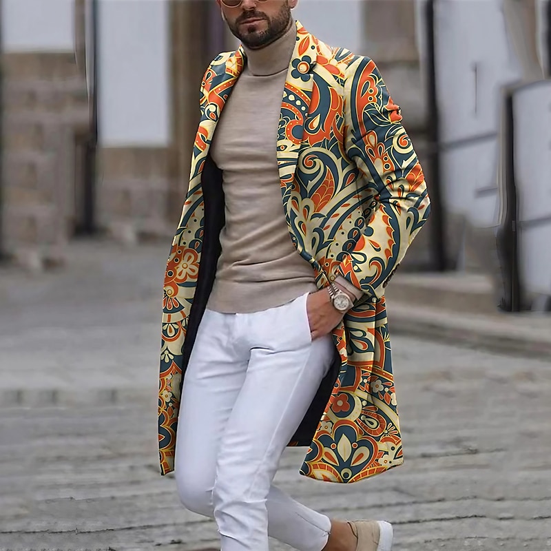 Men's Floral Totem Winter Coat Overcoat Coat Warm Comfortable Breathable Vintage Business Tribal Work Wear to work Going out Pocket Print Fall & Winter Turndown Long Sleeve Apricot