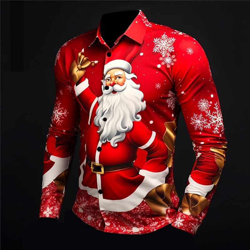 Christmas Men's Santa Claus Printed Shirts Santa Claus Tree Casual Daily Wear Going out Fall & Winter Turndown Long Sleeve Dark Red, Red, Burgundy S, M, L 4-Way Stretch Fabric Shirt2