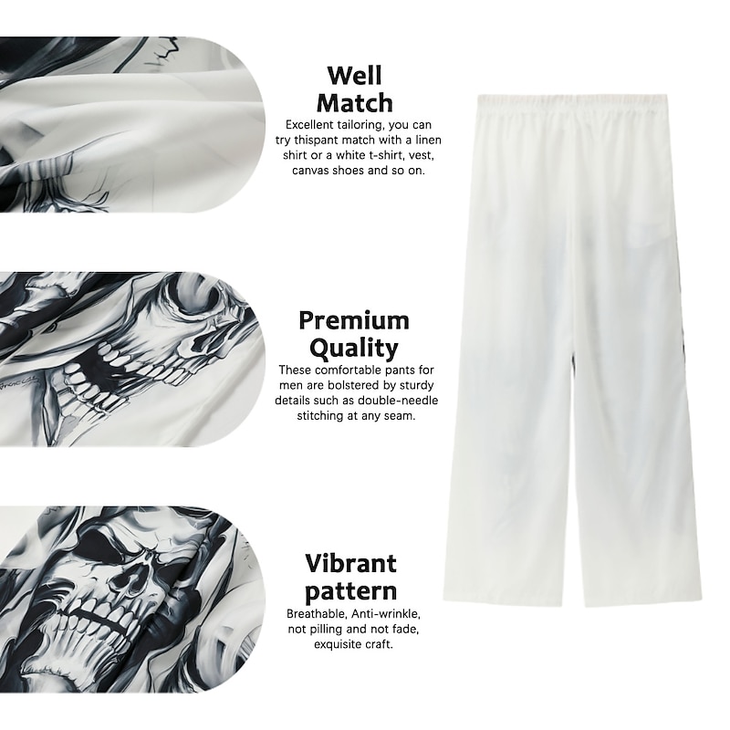 Men's Skull Graphic Prints Linen Pants Trousers Baggy Pants Mid Waist Fashion Big and Tall Casual Daily Elastic Drawstring Design Front Pocket Straight Leg Spring & Summer 3D Print White Green Khaki3