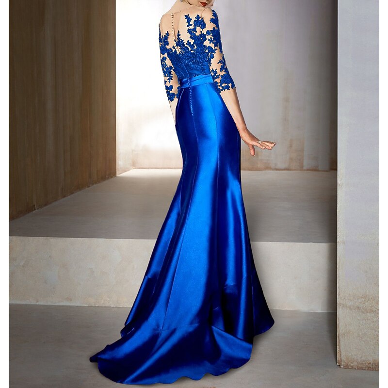 Mermaid Mother of the Bride Evening Gown Elegant Dress Wedding Guest Fall Asymmetrical Half Sleeve Jewel Neck Satin with Bow(s) Appliques2