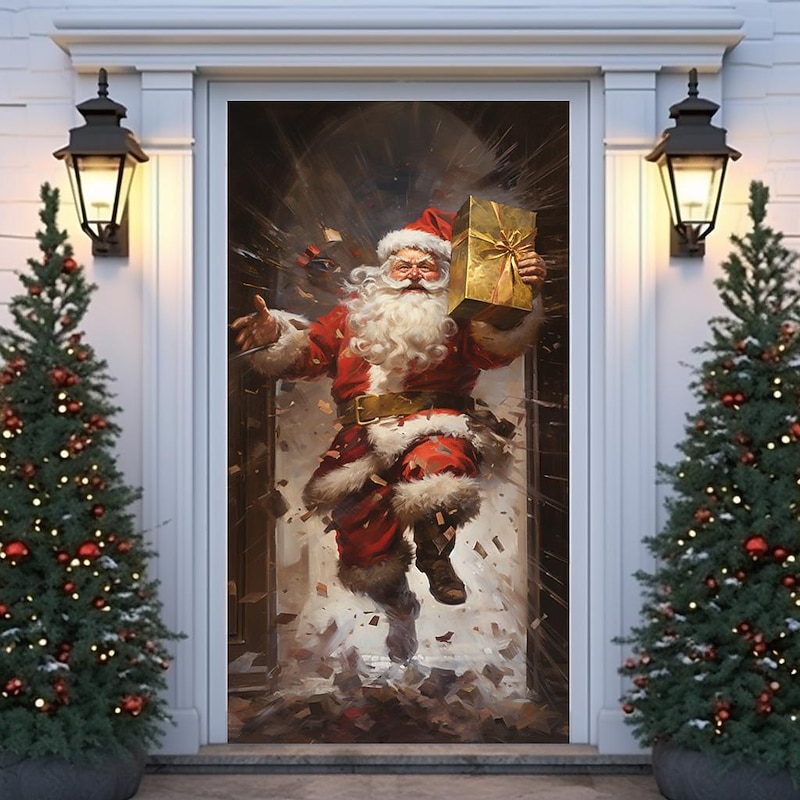Christmas Door Decorations Santa Deliver Gift Door Covers Door Tapestry Door Curtain Decoration Xmas Backdrop Door Banner for Front Door Holiday Party Decor Supplies