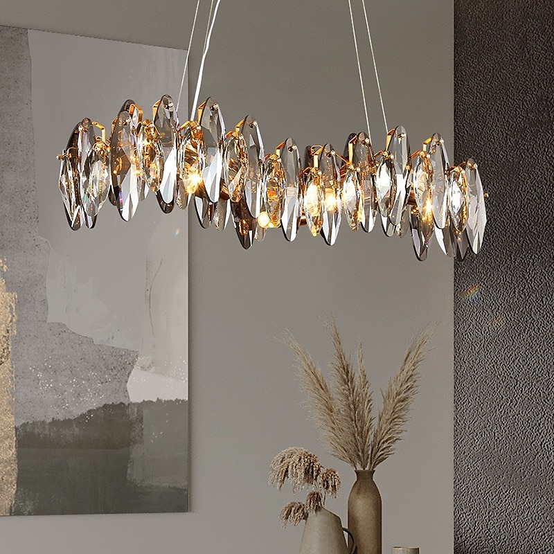 Crystal Chandelier Luxury Gold Chandelier Beautiful Gray Sparkling Crystal Leaf Modern Chandelier for Kitchen Island Living Room Dining Room Bedroom Lights, 8 Lights 110-240V2