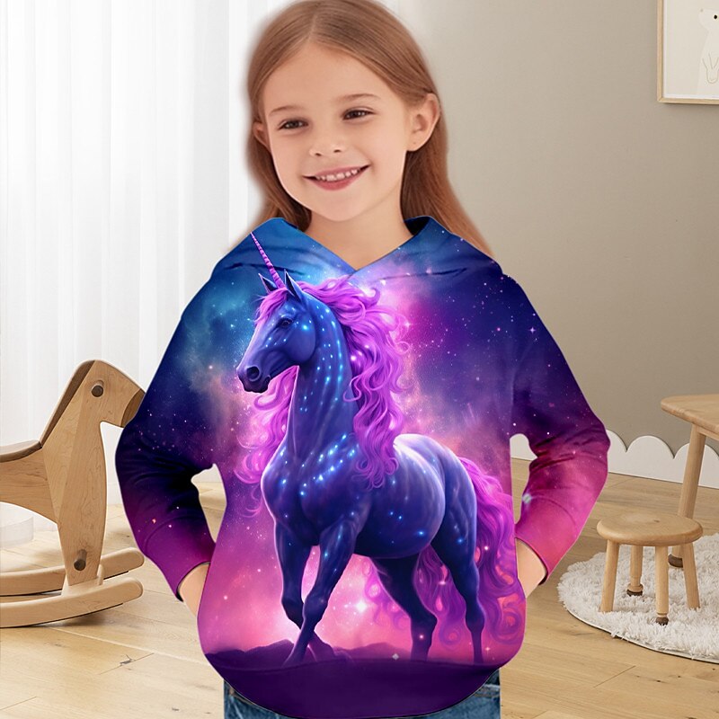 Girls' 3D Unicorn Hoodie Pullover Long Sleeve 3D Print Fall Winter Active Fashion Cute Kids 3-12 Years Outdoor Casual Daily Regular Fit2