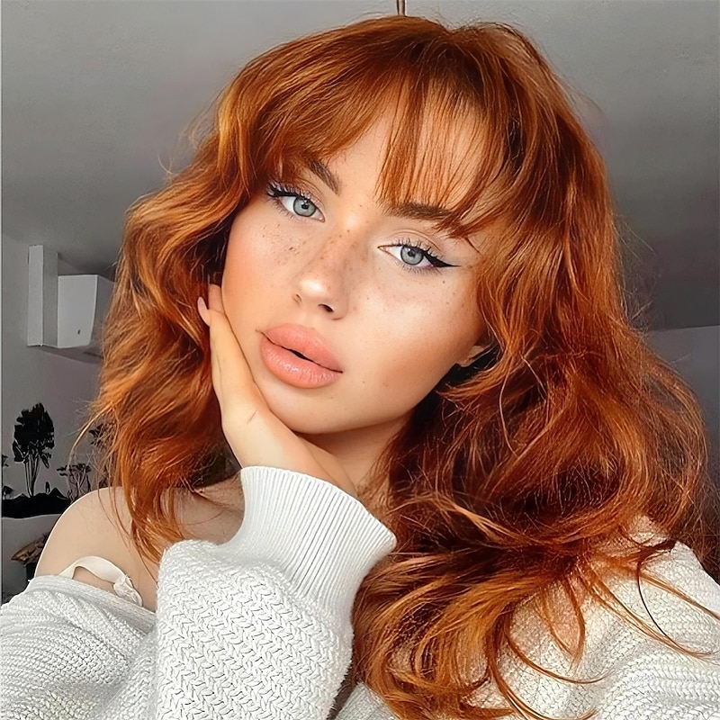 Auburn Bob Wigs for Women Synthetic Wavy Curly Hair Wig with Bangs for Daily Use Christmas Party Wigs