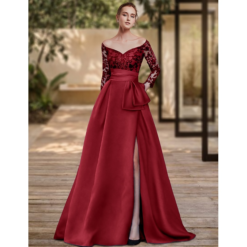 Sheath Evening Gown High Split Dress Formal Wedding Guest Sweep / Brush Train 3/4 Length Sleeve Off Shoulder Charmeuse with Bow(s) Sequin Slit4