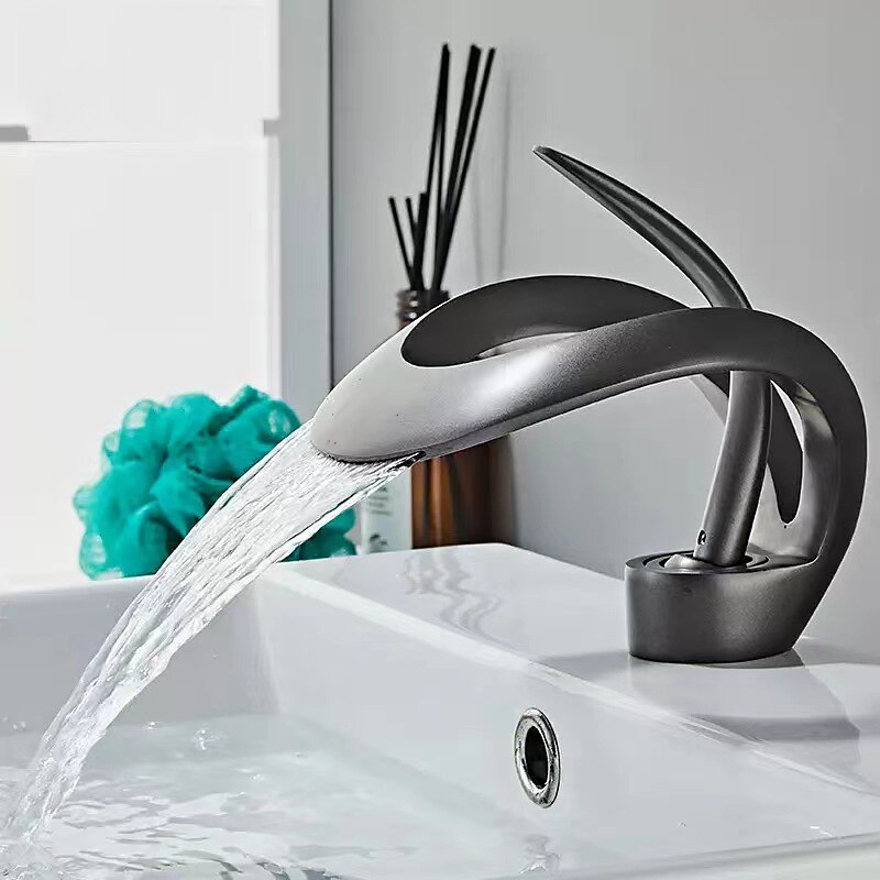 Waterfall Bathroom Sink Faucet, Centerset Curved Single Handle One Hole Bath Taps with Hot and Cold Water Switch, Ceramic Valve Insides4