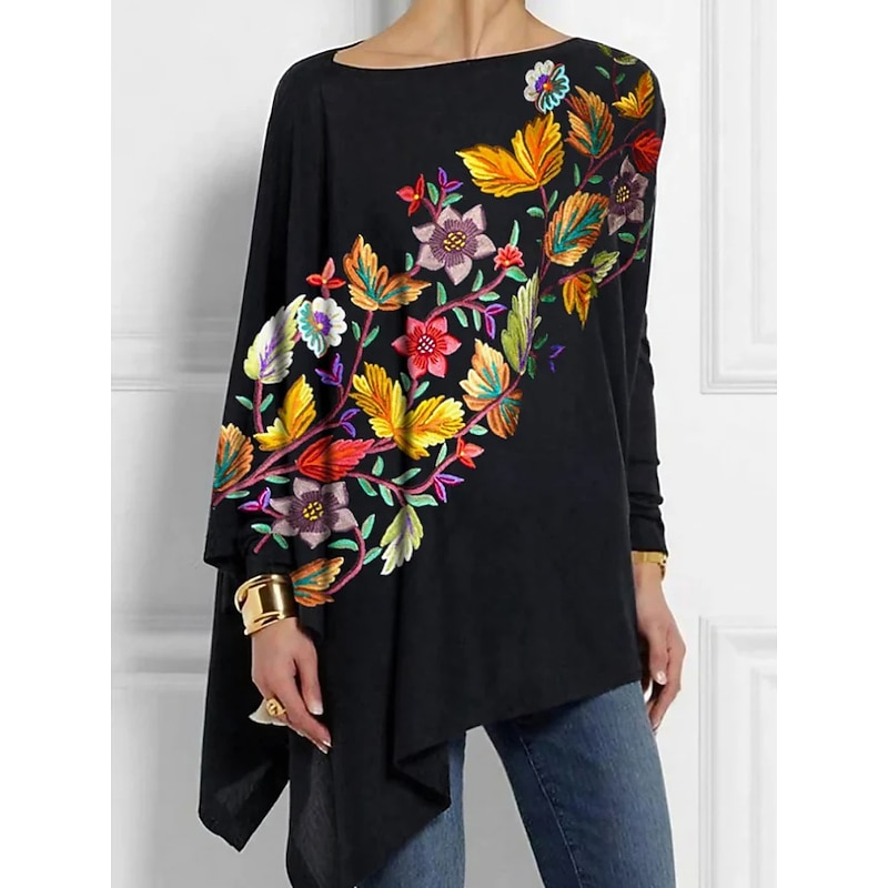 Women's Blouse Long Sleeve Tunic Tops Floral Fashion Off Shoulder Regular Tops Holiday Weekend Print Asymmetrical Black Yellow Red Spring &  Fall2