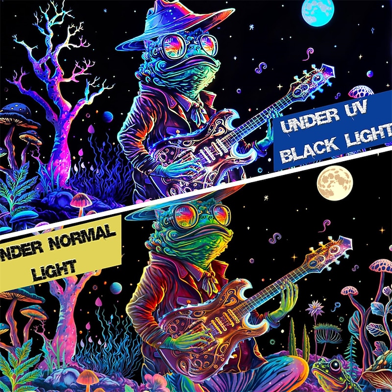 Blacklight Tapestry UV Reactive Glow in the Dark Glow Party Neon Trippy Misty Frog Guitar Hanging Tapestry Wall Art Mural for Living Room Bedroom2