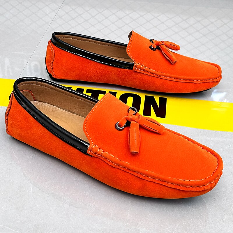 Men's Orange and Blue Suede Driving Loafers with Tassel Detail and Non-Slip Rubber Sole - Stylish and Comfortable for Casual and Driving Wear