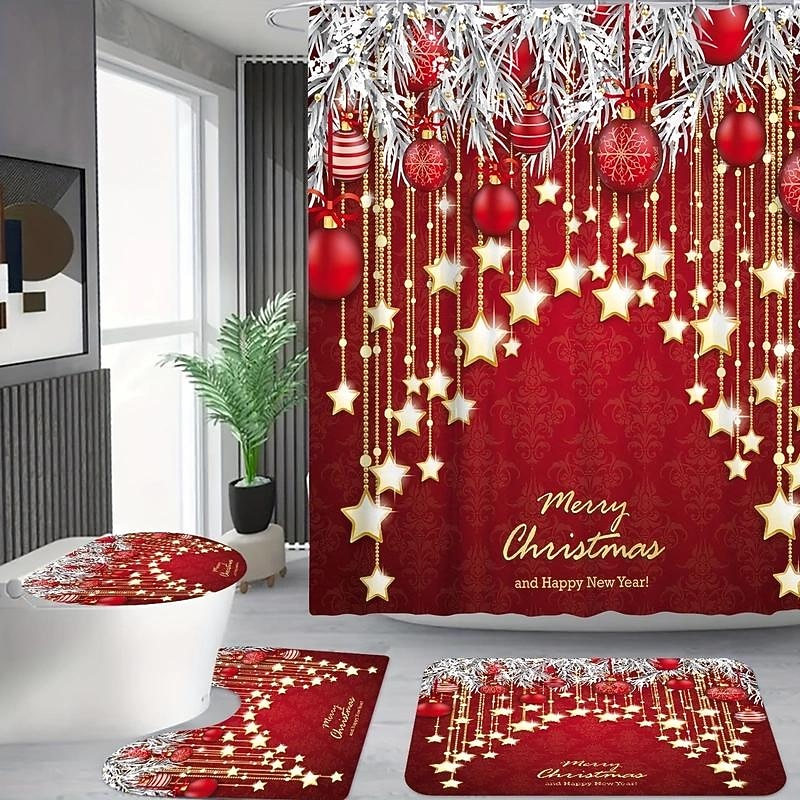 Christmas Bathroom Shower Curtain, Xmas Decoration Curtain with 12 Hooks