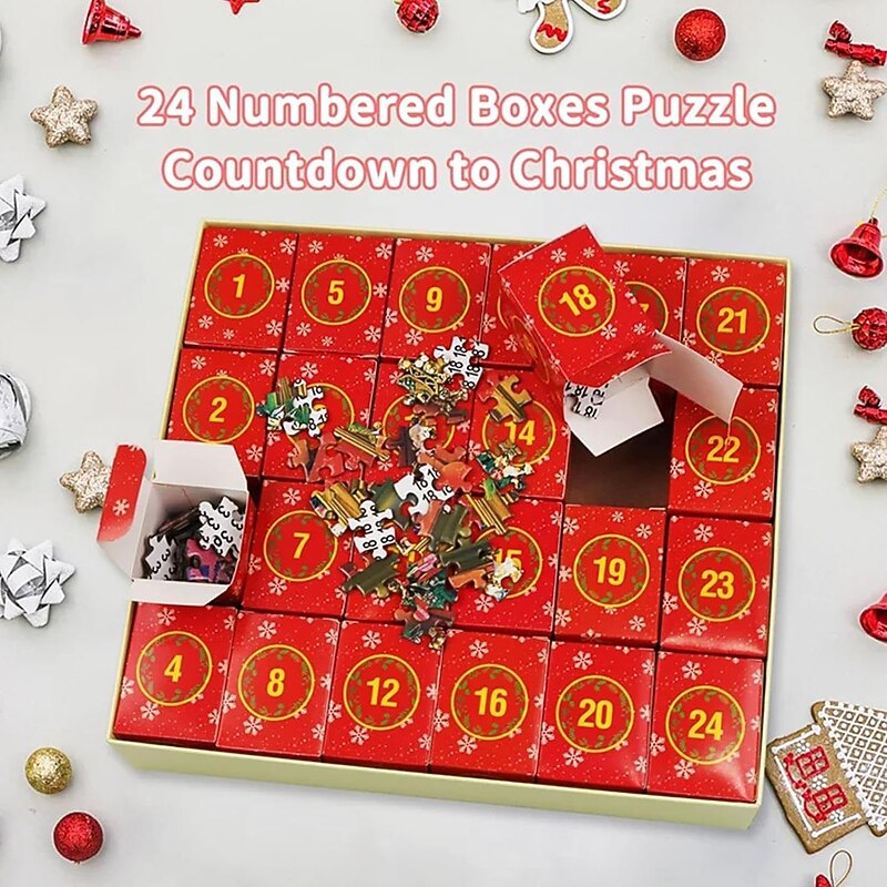 Advent Calendar 2024 Christmas Jigsaw Puzzles Blind Box Christmas by the Fireplace Holiday Puzzles for Adults Kids, 24 Parts 1008 Pieces Jigsaw Puzzles Gift for Countdown to Christmas2