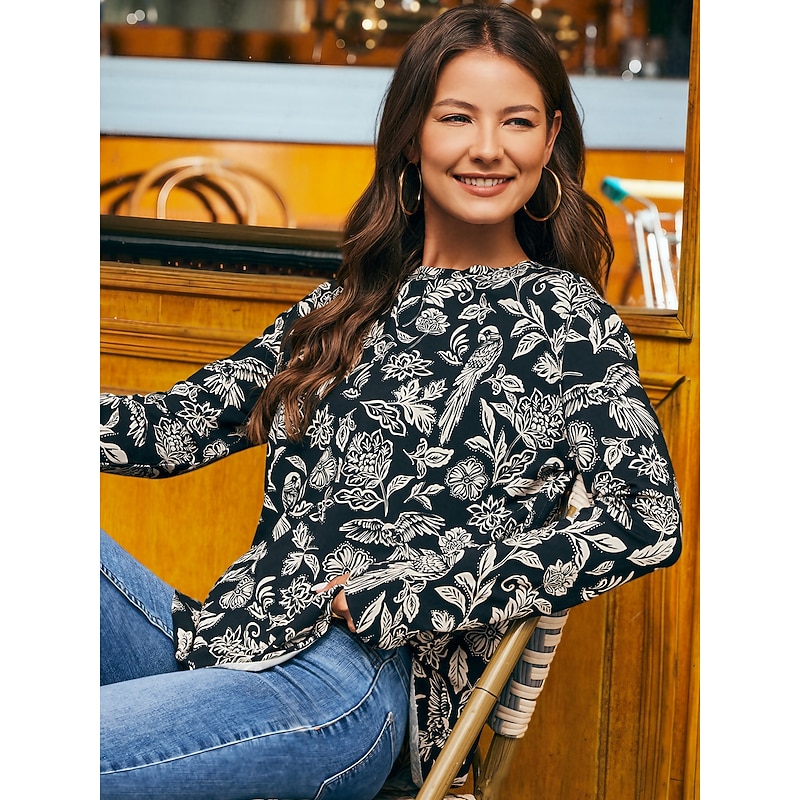 Floral Print Round Neck Shirt Blouse