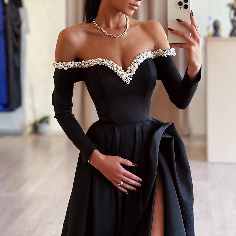 A-Line Evening Gown Black Dress Formal Masquerade Sweep / Brush Train Long Sleeve Off Shoulder Satin with Pearls Slit4