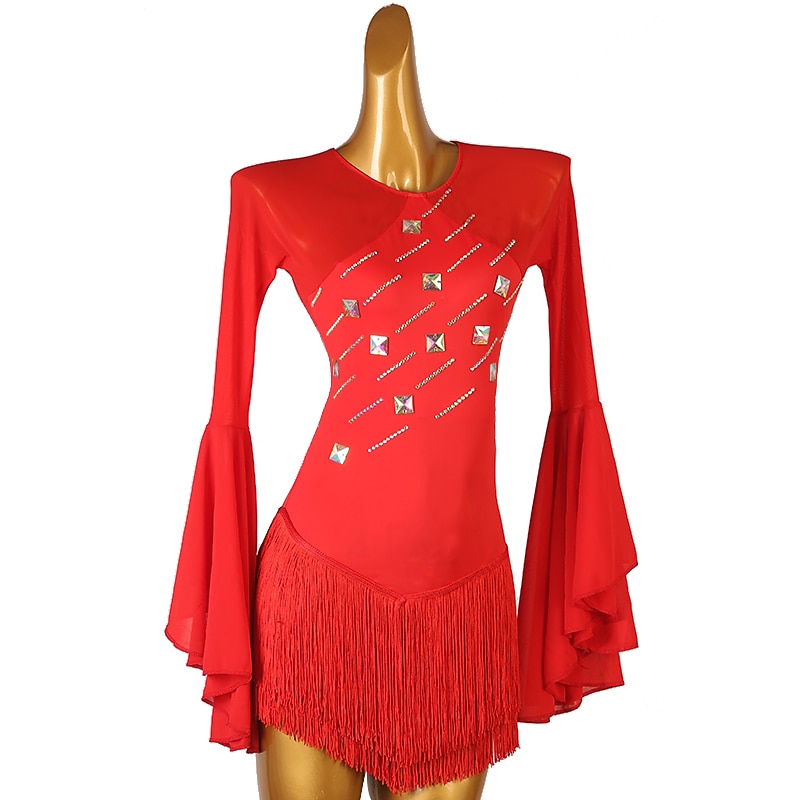 Figure Skating Dress Women's Girls' Ice Skating Dress Red Patchwork Open Back Mesh High Elasticity Training Competition Skating Wear Classic Long Sleeve Ice Skating Figure Skating3