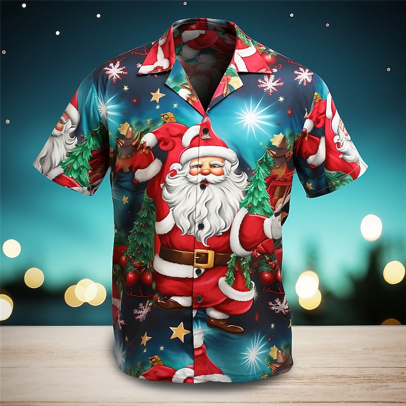 Christmas Men's Santa Claus Hawaiian Shirt Santa Claus Casual Outdoor Street Casual Daily Fall Cuban Collar Short Sleeve Blue S M L Shirt