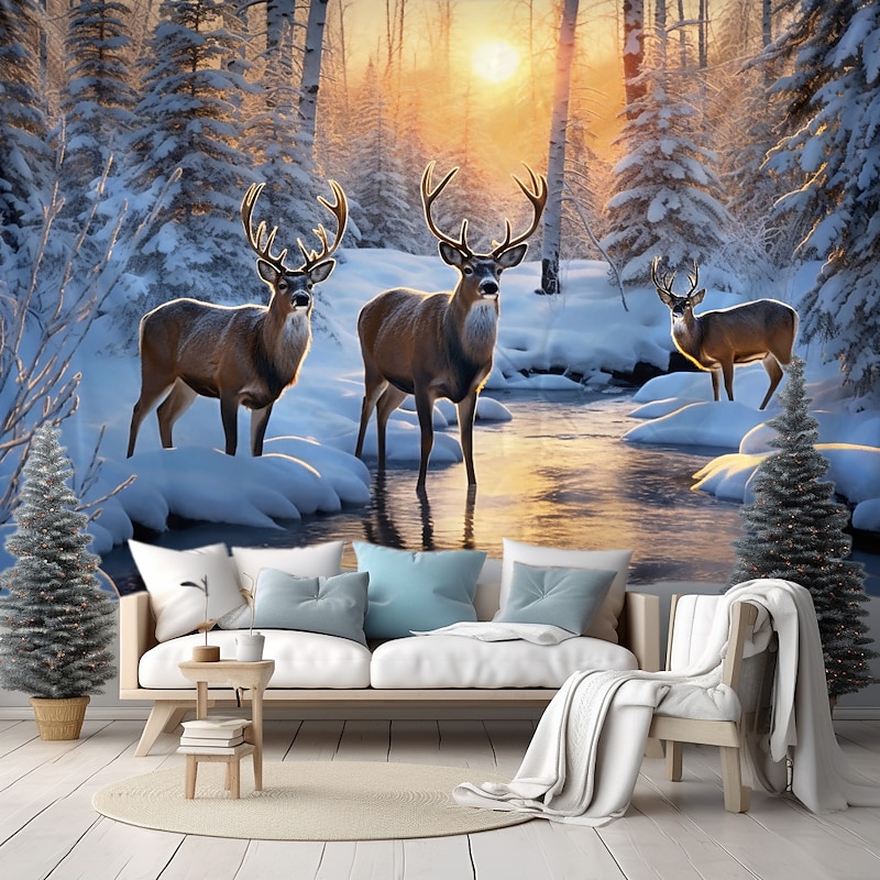 Winter Wonderland Hanging Tapestry Wall Art Large Tapestry Mural Decor Photograph Backdrop Blanket Curtain Home Bedroom Living Room Decoration Snow Reindeer 5