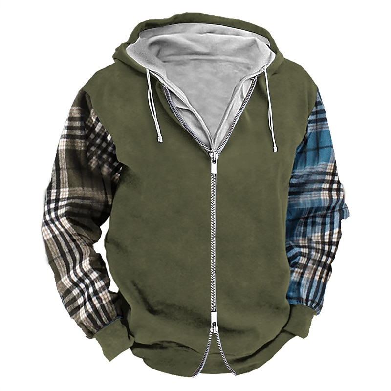 Men's Zip Up Hoodie Full Zip Sweatshirt Army Green Navy Blue Khaki Dark Gray Hooded Plaid Zip Up Patchwork Sports & Outdoor Daily Holiday Polyester Streetwear Cool Casual Spring &  Fall Clothing3