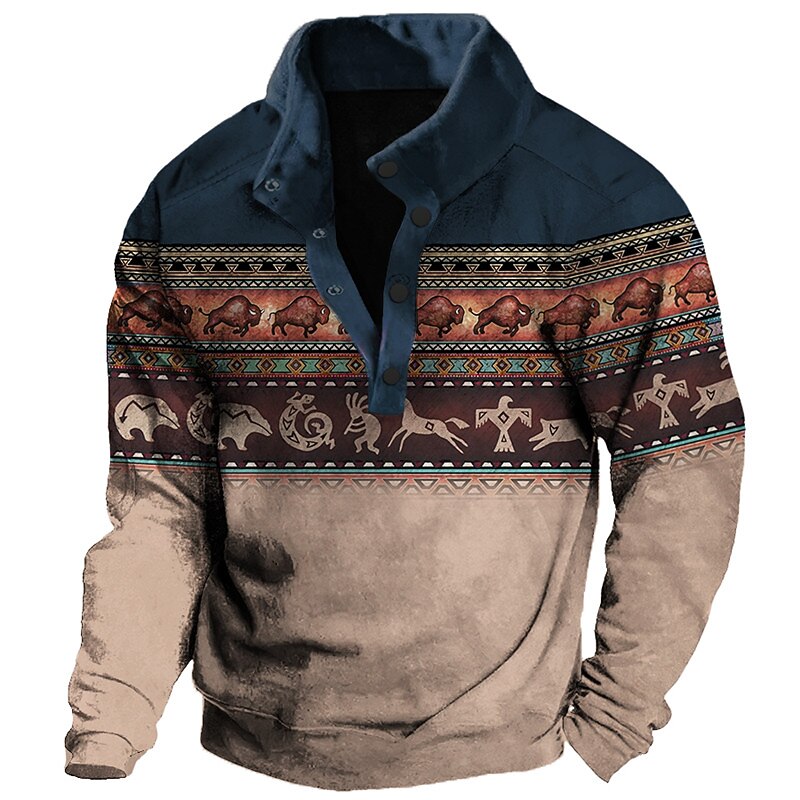 Men's Graphic Animal Cowboy Sweatshirts Sweatshirt Long Sleeve Sweatshirt Stand Collar Ethnic Vintage Retro Western Cowboy 3D Print Vacation Sports Outdoor Holiday Print Spring &  Fall3