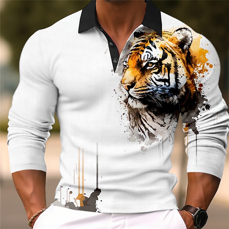 Men's Wolf Polo Shirts Golf Shirt Long Sleeve Polo Shirts Collared Shirts Casual Funny Vacation Wear Party Outfits 3D Print Buttons Fall & Winter Yellow Gray2