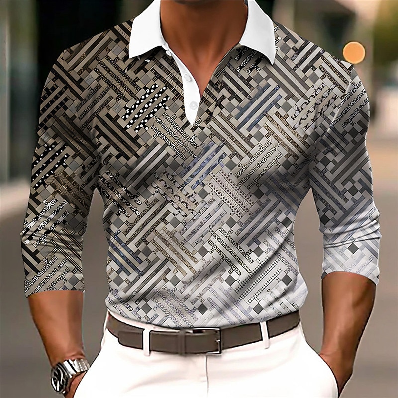 Men's Geometric Polo Shirts Golf Shirt Long Sleeve Polo Shirts Collared Shirts Business Casual WorkWear Formal Wear Festival Wear 3D Print Buttons Fall & Winter Yellow Blue2