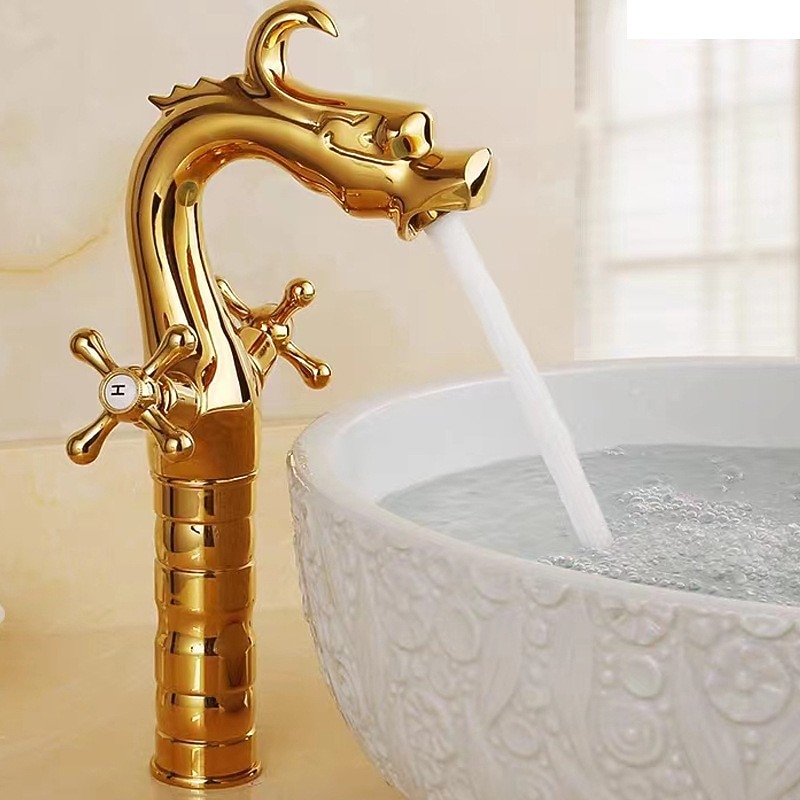 Bathroom Sink Faucet for Vessel, Novelty Loong Style Dragon Shape Mount Outsides Two Handle One Hole Tall Vessel Bath Taps in Antique Brass3