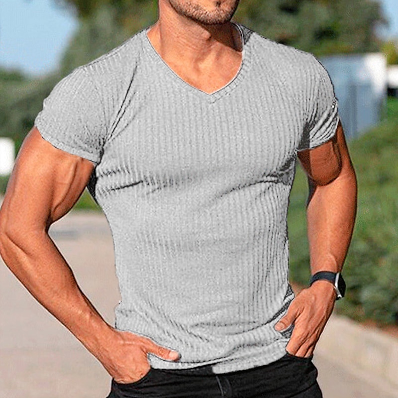 Men's T Shirt Muscle Shirt Ribbed Knit tee Short Sleeves V Neck Summer Plain Fashion Streetwear Cool Outdoor Sport Going out Black White Red Top Tee for Men3