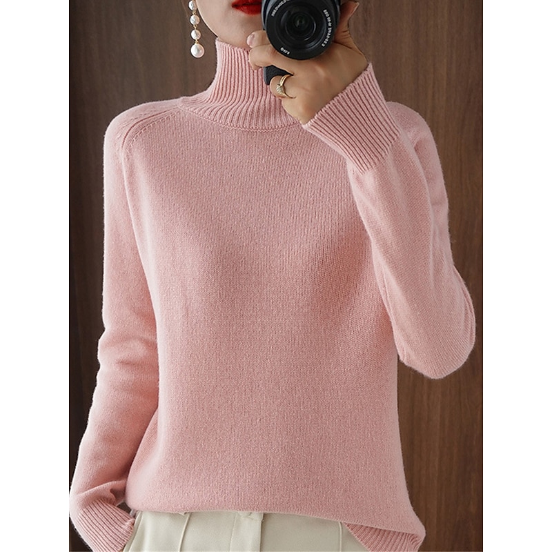 Women's Pullover Sweater Jumper Fashion Streetwear Casual Solid Color Ribbed Stand Collar Knitted Long Sleeve Regular Tops Knit Outdoor Daily Holiday Black White Fall Winter