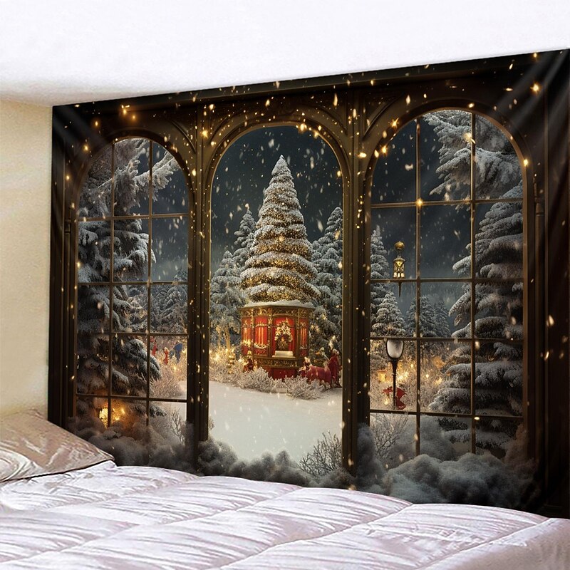 Christmas Decorations Christmas Tree Winter Hanging Tapestry Wall Art Xmas Large Tapestry Mural Decor Photograph Backdrop Blanket Curtain Home Bedroom Living Room Decoration Snow Window View 7