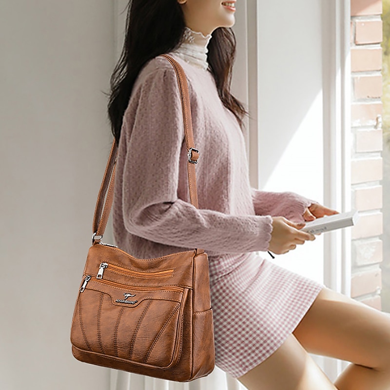 Women's Black Brown Crossbody Bag with Multiple Zippered Pockets - Stylish & Practical Everyday Shoulder Bag for Work & Casual Use2