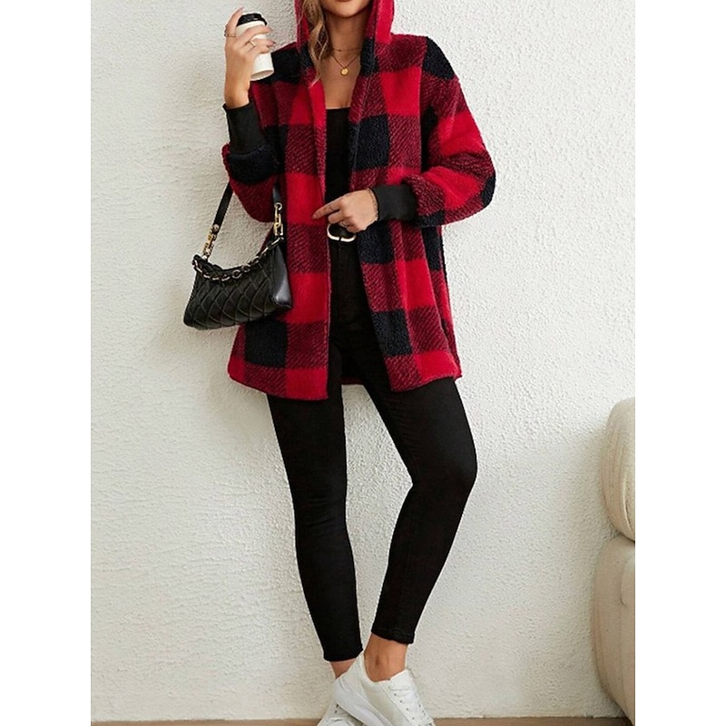 Women's Fleece Jacket Teddy Coat Hoodie Jacket Warm Breathable Pocket Fleece Lined Casual Street Style Stripes and Plaid Vacation Valentine's Day Street Daily Wear Open Front Regular Hoodie Regular4