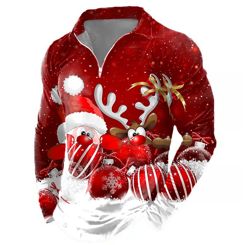 Christmas Men's Santa Claus 3D Zipper Polo Santa Claus Casual Print 3D Zip Golf Outdoor Casual Daily Streetwear Polyester Long Sleeve Turndown Zip Shirts Black Wine Fall & Winter S M L Micro-elastic2