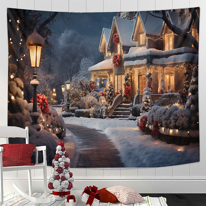 Christmas Decorations Winter Wonderland Hanging Tapestry Wall Art Xmas Large Tapestry Mural Decor Photograph Backdrop Blanket Curtain Home Bedroom Living Room Decoration White Snow4