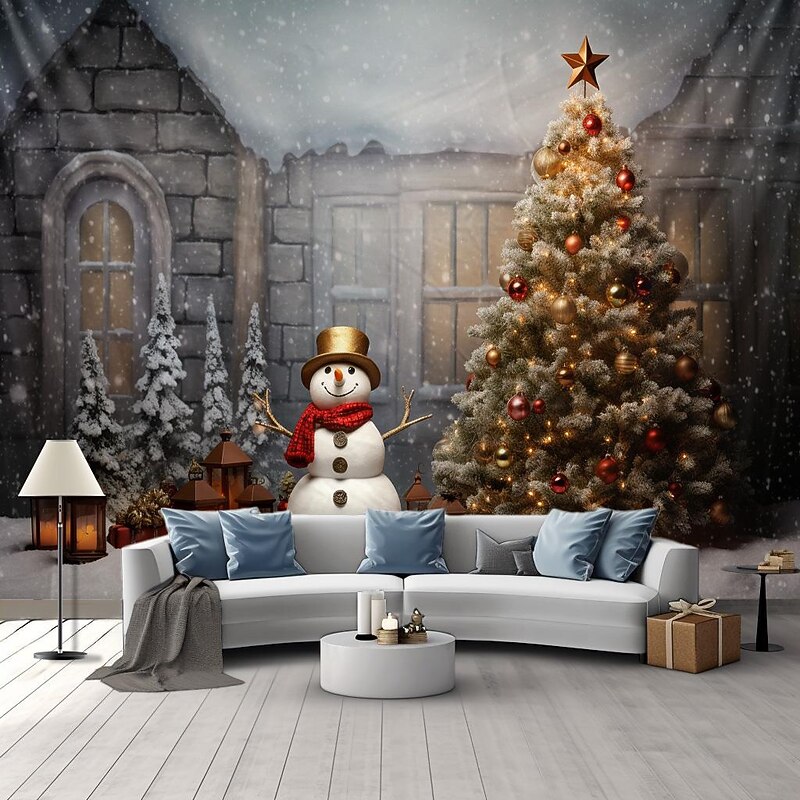 Christmas Decorations Hanging Tapestry Christmas Tree Snowman Wall Art Xmas Large Tapestry Mural Decor Photograph Backdrop Blanket Curtain Home Bedroom Living Room Decoration2