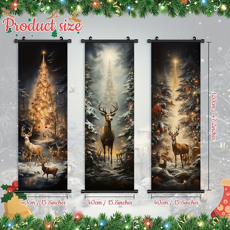 1pc Christmas Poster with Hangers Courtyard Christmas Deer And Colorful Christmas Tree Wall Art Canvas Posters Art For Home Living Room Decoration Wall Art Decor2