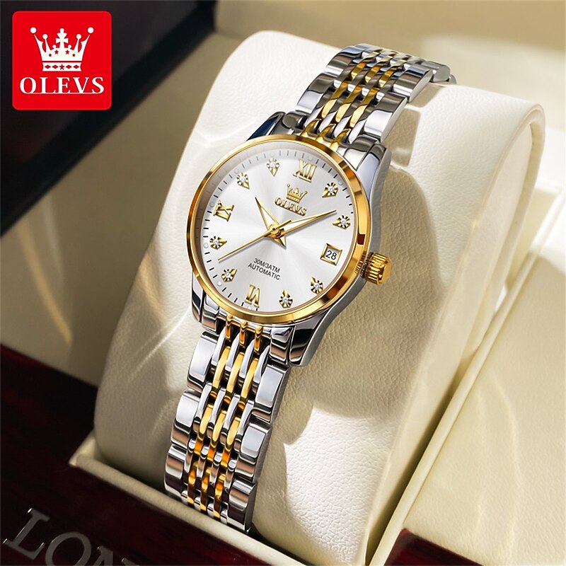 OLEVS 6673 Fashion Business Silver Stainless Steel Women Mechanical Watches Top Brand Luxury Waterproof Automatic Watch