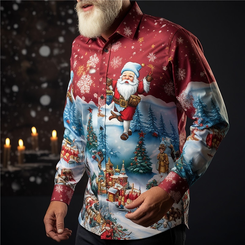 Christmas Men's Christmas Scene Printed Shirts Santa Claus Casual Daily Wear Going out Fall & Winter Turndown Long Sleeve Red, Burgundy, Blue S, M, L 4-Way Stretch Fabric Shirt2