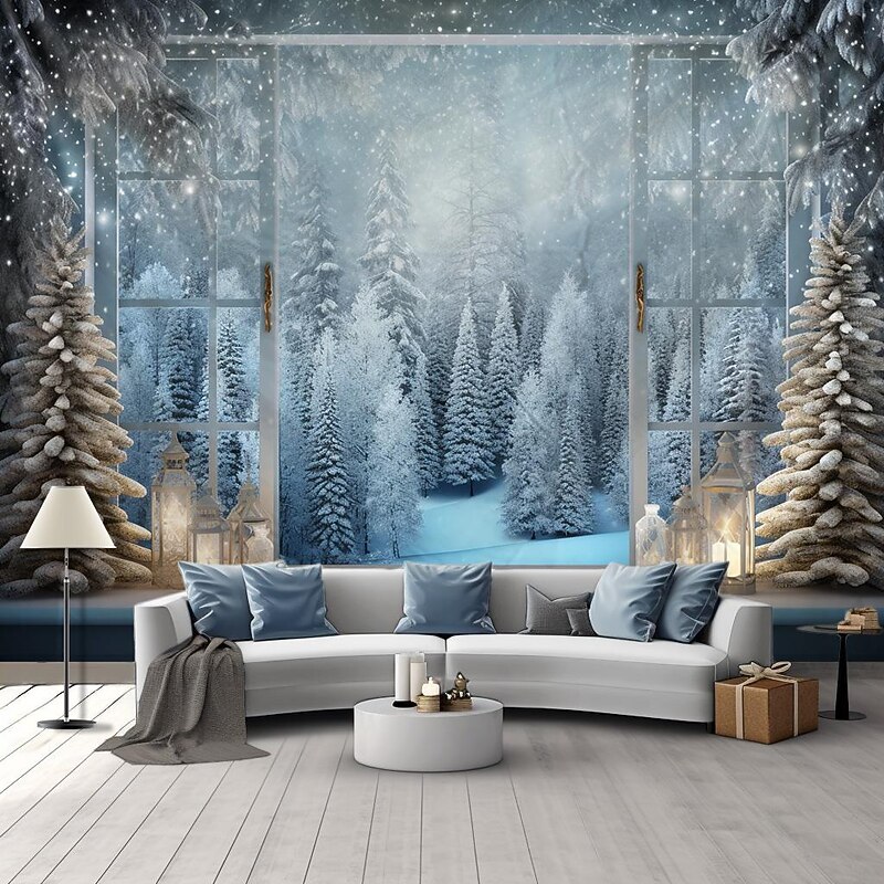 Snow Window Hanging Tapestry Winter White  Wall Art Large Tapestry Mural Decor Photograph Backdrop Blanket Curtain Home Bedroom Living Room Decoration4
